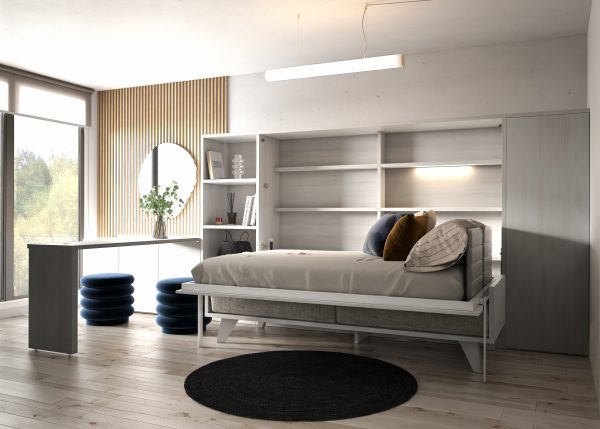 HORIZONTAL WALL BED WITH SOFA AND FOLDING TABLE