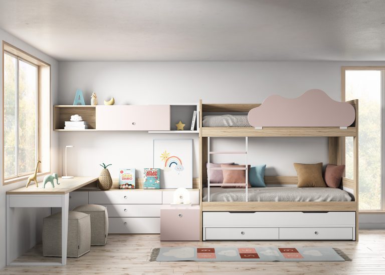 CHILDREN'S ROOM WITH BUNK BED, DESK, AND DRAWER MODULES