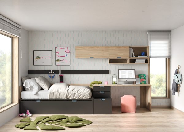 YOUTH BEDROOM WITH A BED, A LIFT-UP TRUNDLE, AND A DESK