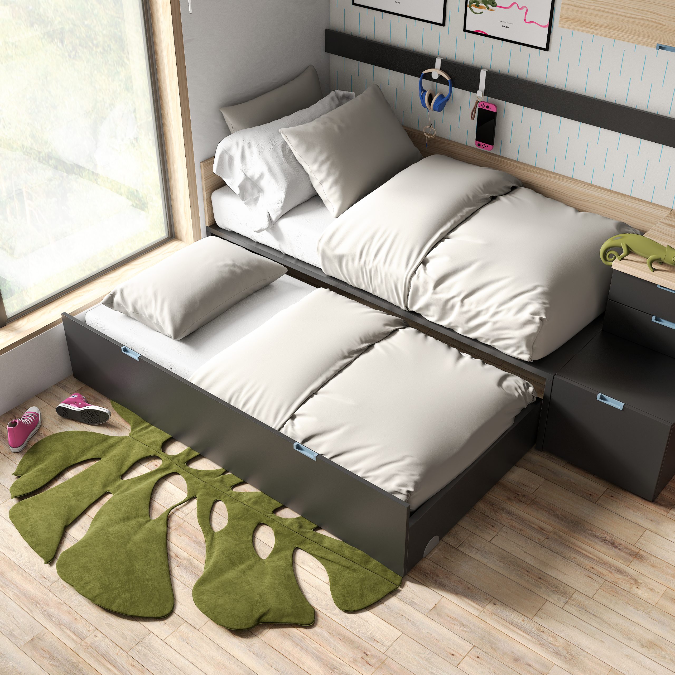 YOUTH BEDROOM WITH A BED, A LIFTUP TRUNDLE, AND A DESK Kubbiko