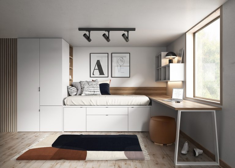L-SHAPED YOUTH BEDROOM WITH COMPACT BED AND WARDROBES