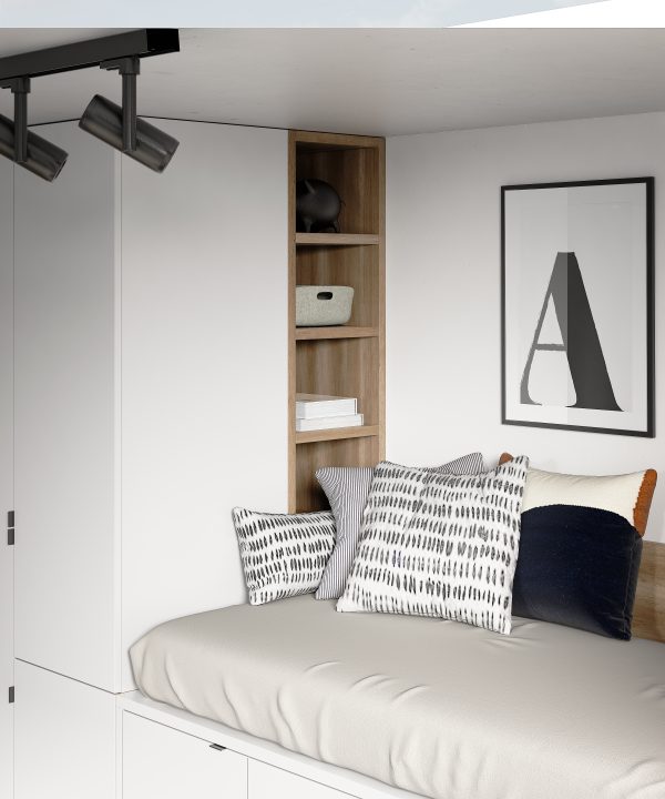 L-SHAPED YOUTH BEDROOM WITH COMPACT BED AND WARDROBES 1