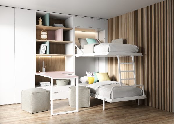 BEDROOM WITH VERTICAL BUNK WALL BED WITH UPPER STORAGE AND A DESK 2