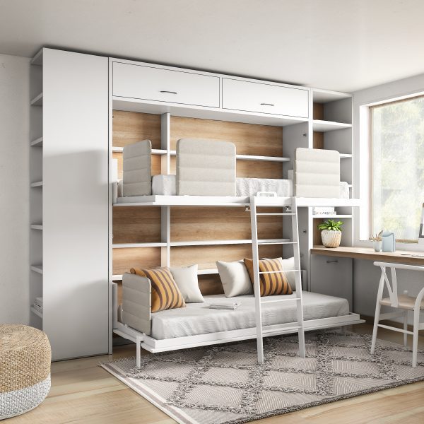 BEDROOM WITH HORIZONTAL BUNK WALL BED, DESK AND ENDING WARDROBE 1