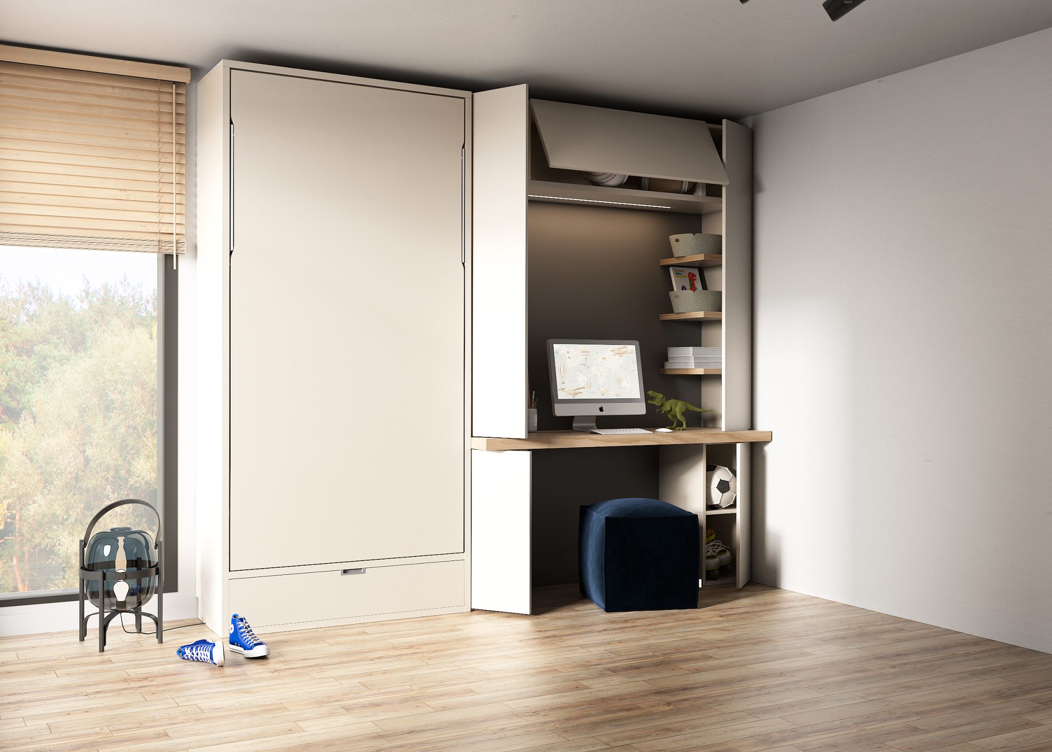 VERTICAL WALL BED AND A DESK WITH SHELVES - Kubbiko