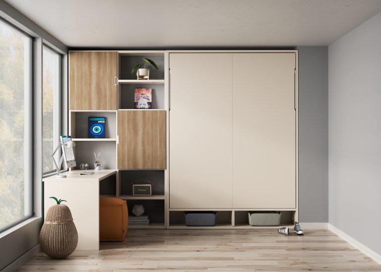 VERTICAL WALL BED WITH SHELVES AND DESK Kubbiko