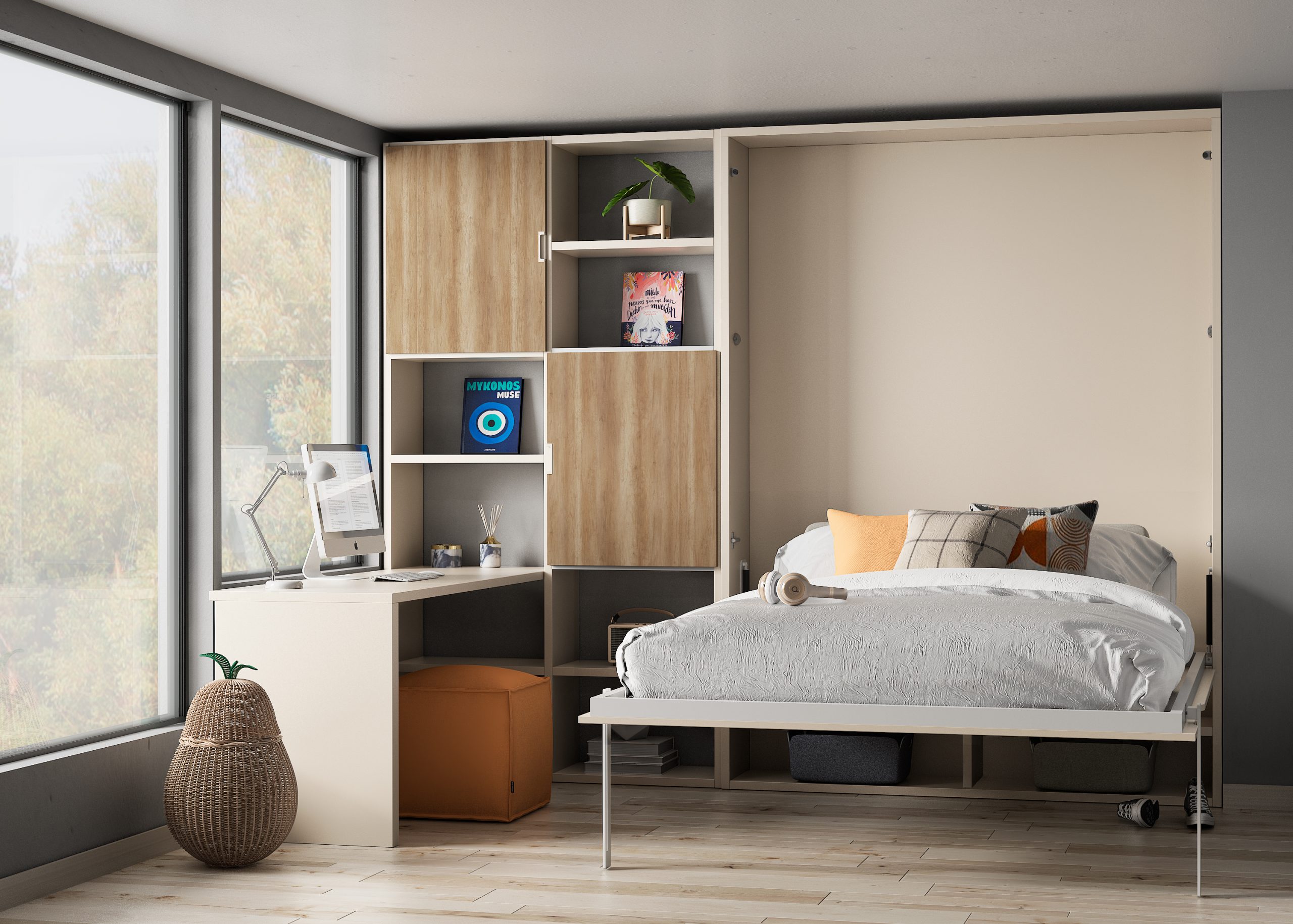 VERTICAL WALL BED WITH SHELVES AND DESK Kubbiko