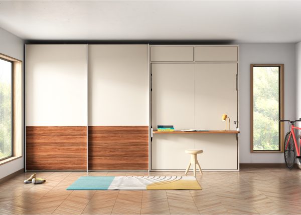 VERTICAL WALL BED WITH INTEGRATED DESK, UPPER STORAGE AND SLIDING WARDROBE
