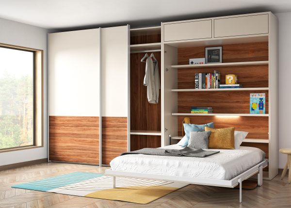 VERTICAL WALL BED WITH INTEGRATED DESK, UPPER STORAGE AND SLIDING WARDROBE 1
