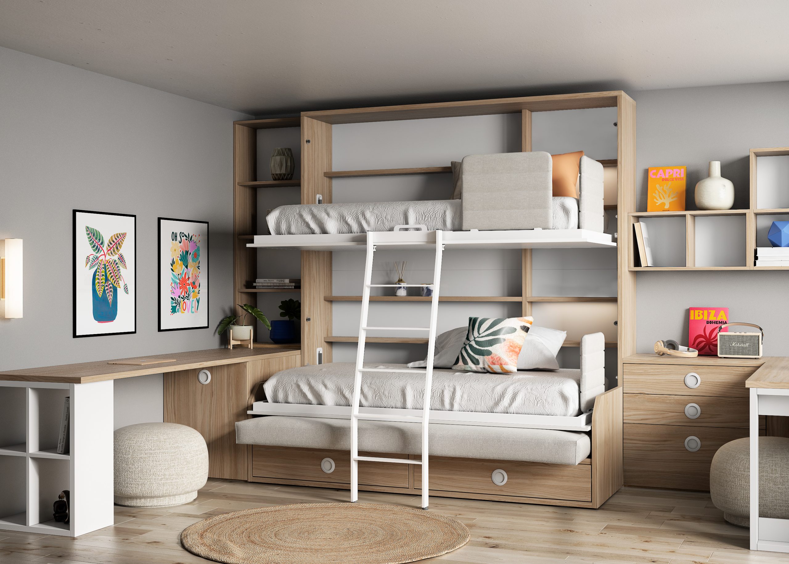ᐅ Wall Bunk Bed with Sofa and two Desks - Kubbiko