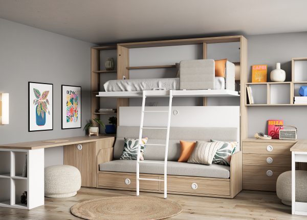 WALL BUNK BED WITH SOFA AND TWO SEPARATE DESKS 2