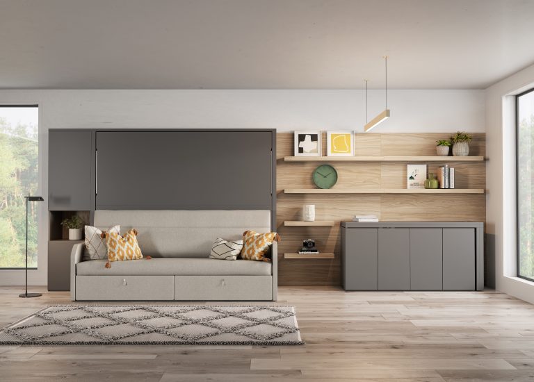 WALL BED WITH INTEGRATED SOFA, SHELVING UNIT AND FOLDING TABLE