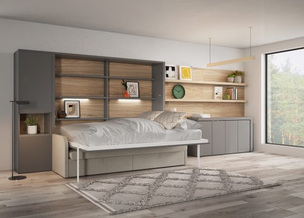 WALL BED WITH INTEGRATED SOFA, SHELVING UNIT AND FOLDING TABLE 1