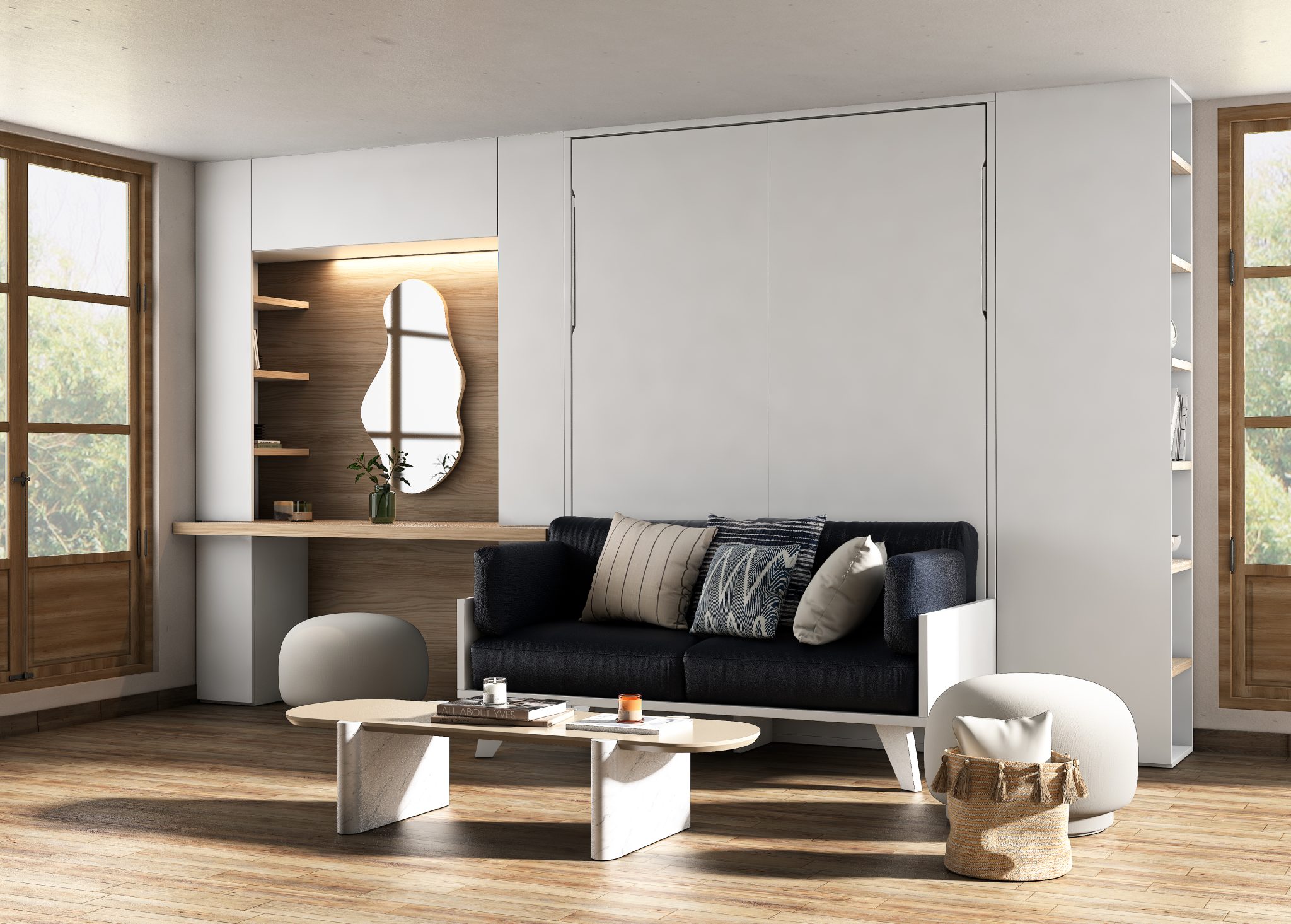 ᐅ Double Wall Bed with Sofa and Desk Cabinet - Kubbiko